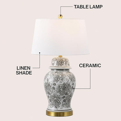 JONATHAN Y 29.5" Gray/White Ceramic Table Lamp for Living Room and Office, White Linen Drum Shade, Traditional Chinoiserie Ginger Jar Lamp, LED Bulb Included (JYL3008B)