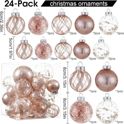 Clear Christmas Ball Ornaments,24ct Shatterproof Plastic Decorative Christmas Ornaments Hanging Xmas Tree Baubles Set with Stuffed Delicate Glittering Decorations for Holiday Party Decor(Rose Gold)