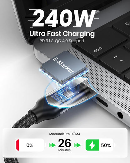 Silkland USB 4 for Long Thunderbolt 4 Cable 10FT/3M, 40Gbps Data Transfer, Supports 8K/5K@60Hz, 240W Charging PD 3.1,USB C Monitor Cable Compatible for Thunderbolt 3, Macbook, Monitor, Docking,SSD,XPS