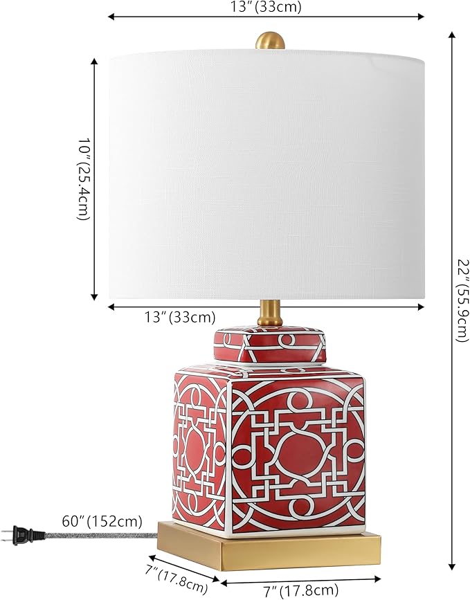 JONATHAN Y 22" Red/White Modern Ceramic Ginger Jar Table Lamp for Nightstand, Square Lattice Transitional Chinoiserie Lamp for Living Room, White Linen Shade, LED Bulb (JYL3044B)