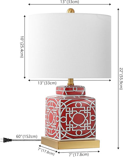 JONATHAN Y 22" Red/White Modern Ceramic Ginger Jar Table Lamp for Nightstand, Square Lattice Transitional Chinoiserie Lamp for Living Room, White Linen Shade, LED Bulb (JYL3044B)