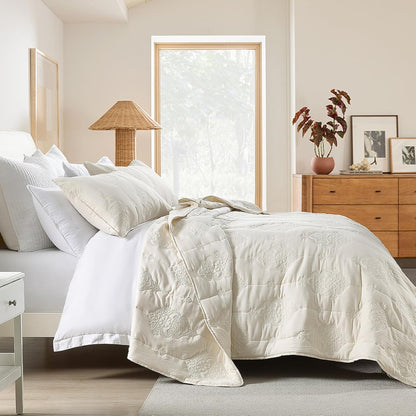 HORIMOTE HOME Ivory Quilt Queen Size Floral Quilt Bedspread Lightweight Soft Pre-Washed Microfiber Bedcover, 3 Pieces Thin Comforter Bed Cover Bedding Set for All Season