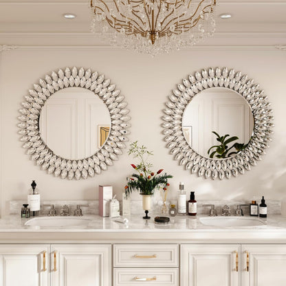 Kelly Miller Round Jeweled Mirror for Wall Decor, 26 in Modern Decorative Wall Mirror with Luxury Diamonds Beveled Vanity Mirror for Bedroom Dresser, Living Room Table, Bathroom, Hallway, Entryway