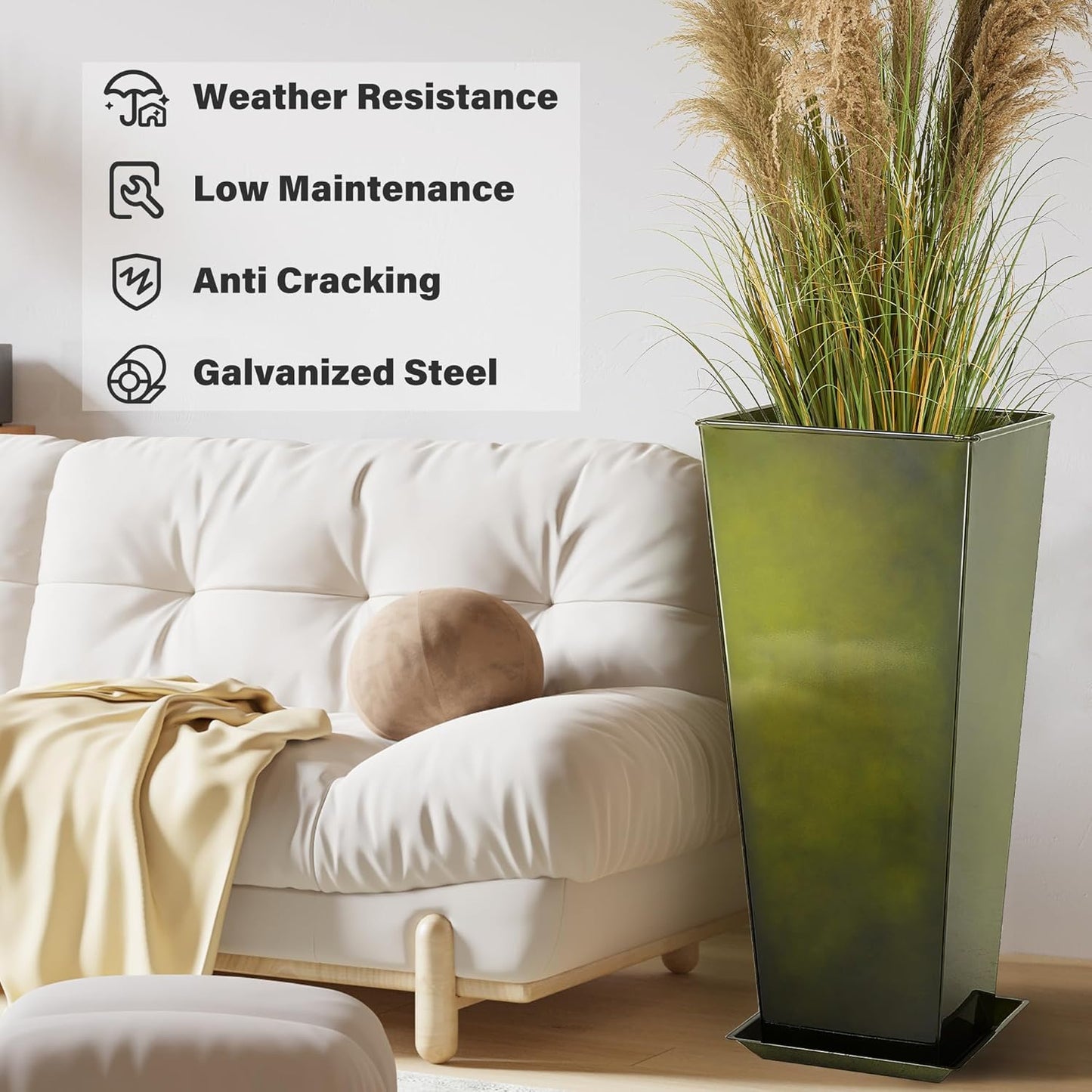 KOL Galvanized Steel Planter 25''H. with Saucer, Bright Glazed Planter with Drainage Hole, Set of 2, Tall Pots for Indoor & Outdoor Use, Decorative Flower Plant Pots for Porch, Patio, Deck - Green