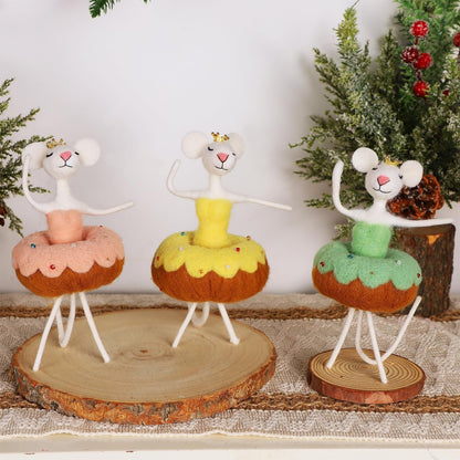 Set of 3 Christmas Felt Dancing Mice Ornaments, 6.7" Tall Hanging Wool Mouse Figurines with Donut Tutu Skirt, Tiered Tray Tabletop Decor, Xmas Tree Holiday Easter Gifts Home Office Party Supply