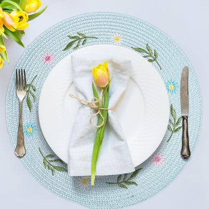 Whaline 4Pcs Round Daisy Placemats Spring Flower Embroidered Place Mats Greenery Floral Dinner Table Mats for Home Holiday Wedding Bridal Baby Shower Birthday Party Decor