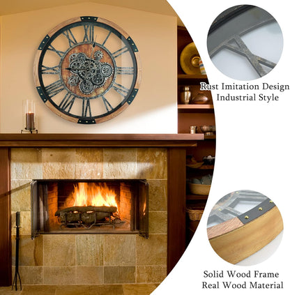 27 Inch Moving Gear Wall Clock, Oversized Wall Clocks, Clock Living Room Decor, Solid Wood Frame, Battery Operated, Large Wall Clock with Steampunk Industrial for Fireplace(Brown)