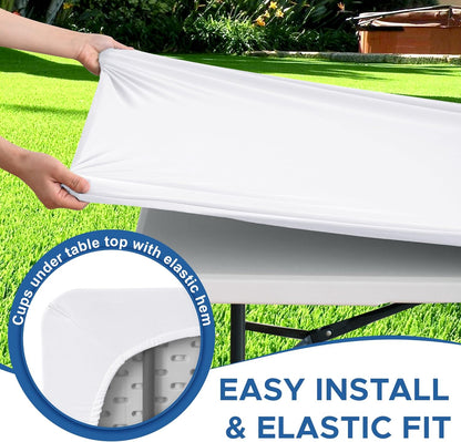 Fitted Tablecloth for 8 Foot Rectangle Tables-6 Pack White Elastic Outdoor Picnic Table Cover-Spandex Stretch Folding Table Cloths 8ft for Camping Dining Room Patio Kitchen Banquet Party