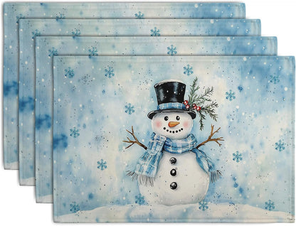 Blue Snowman Snowflake Winter Placemats Set of 4 Seasonal Christmas Linen Table Mats 12x18 Inch Xmas Holiday Snow Farmhouse Rustic Washable Place Mats for Party Kitchen Dining Outdoor Indoor Decor