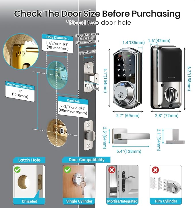 Veise VE07-L Fingerprint App Control Smart Locks with Heavy-Duty Zinc Alloy Handles, Keyless Entry for Front Door, Digital Electronic Touchscreen, Auto Lock, Waterproof, Easy Install, Satin Nickel