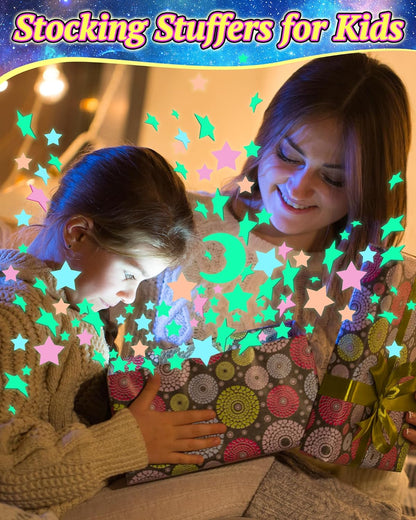201 Pcs Glow in The Dark Stars Stickers for Ceiling, Toddler Stocking Stuffers Wall Room Decor Gifts, Luminous 3D Glowing Stars Easter Basket Stuffers for Kids Boys Girls