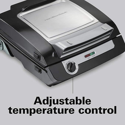 Hamilton Beach 4-in-1 Indoor Grill & Electric Griddle Combo with Bacon Cooker, Opens Flat to Double Cooking Surface, Removable Nonstick Plates, Black & Silver (25601)