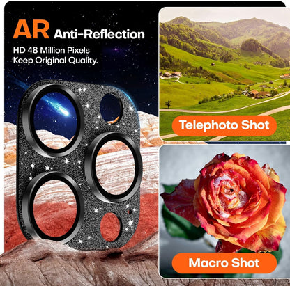 Camera Lens Protector for iPhone 16 Pro Max/16 Pro/15 Pro Max/15 Pro/14 Pro Max/14 Pro, Aluminum Alloy Sapphire Glass Camera Screen Cover, Case Friendly- Glitter Black