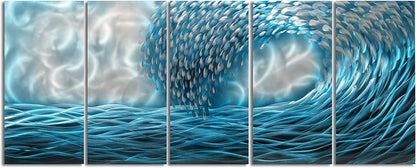 Yihui Arts Hand Crafted Blue Sea Wave 3D Metal Wall Art - Coastal 5 Panel Aluminum Sculpture for Big Abstract Office, Hallway, Fireplace, and Home Decor