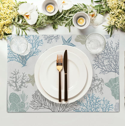 Summer Linen Placemats Set of 4 Nautical Coastal Theme Washable Non-Slip Heat Resistant Table Place Mat 12×18 Inch Ocean Beach Blue Grey Coral Starfish Place Mats for Kitchen Dining Table