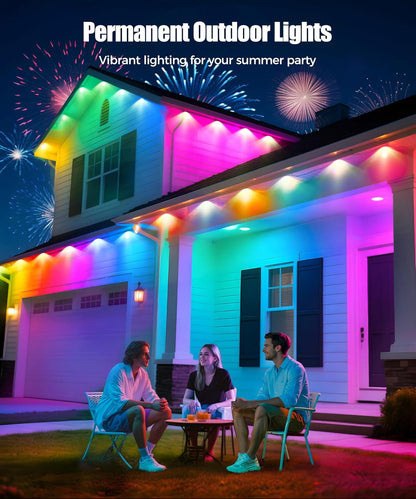 POOFZY Permanent Outdoor Lights for House, 150ft RGB+IC Smart Outdoor Decor, 50 Scene Modes, App/Remote Control, IP68 Waterproof, for Christmas, Holiday, Daily & Pool Party Decor, House Roof Lighting
