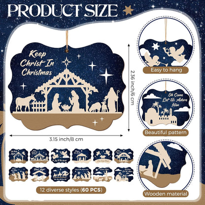 Soaoo 60 Pcs Nativity Scene Christmas Tree Ornament Christian Religious Ornaments Bulk Round Nativity Xmas Tree Hanging Wooden Decorations for Garden Yard Outdoor Home (Square Style)