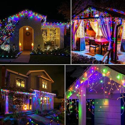 Colored Christmas Lights, 66ft 640 LED Icicle Lights for Outside House with Connectable Clear Wire 8 Modes Timer, Plug in Waterproof for Yard Tree Eaves Party Indoor Holiday Decoration, Multicolor