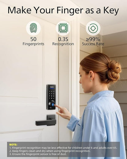 Philips Fingerprint Keyless Entry Door Lock, Electronic Door Lock with Touchscreen, Long-Lasting Battery, Auto Locking, One-Time Code, Keypad Deadbolt, One-Touch Locking, Matte Black