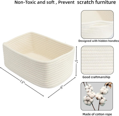 Small Woven Storage Baskets 13“X9”X5“ Decorative Rope Bins for Organizing Shelves, Closets, and Toys, Empty Gift Baskets, Cute Organizer Basket for Home and Office White Large