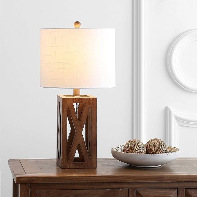 JONATHAN Y 21.5" Brown Farmhouse Wood Table Lamp for Bedside and Living Room, White Linen Drum Shade, Rustic Modern Desk Lamp for Bedroom, LED Bulb Included JYL1062A