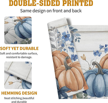 Autumn Placemats Blue Pumpkin Fall Place Mat Eucalyptus Leaves Floral Wood Grain Table Mats Thanksgiving Harvest Linen Placemat Party Kitchen Dining Decoration 12x18 Inch Set of 4