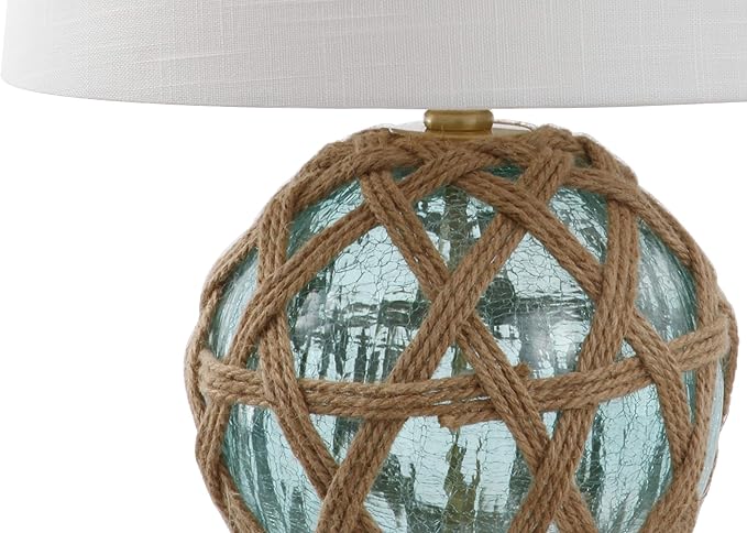 JONATHAN Y 21.5" Aqua Glass and Brown Rope Nautical Table Lamp, Coastal Transitional Bedside Lamp with White Linen Drum Shade for Living Room, LED Bulb Included JYL1085A