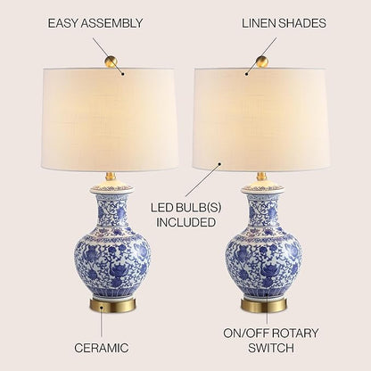 JONATHAN Y 25.25" Blue/White Ceramic Ginger Jar Table Lamp Set of 2, Traditional Brass Gold Base for Living Room Bedroom, White Linen Drum Shade, LED Bulbs Included JYL1072A-SET2