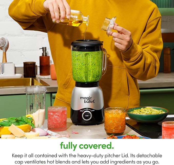 Magic Bullet® Combo Blender, 600W, 48oz Pitcher, 16oz Cup with To-Go Lid, Easy Cleaning, Cross Blade, for Smoothies, Sauces, Shakes, Salsa, Hot Blends, Silver, MBF50200