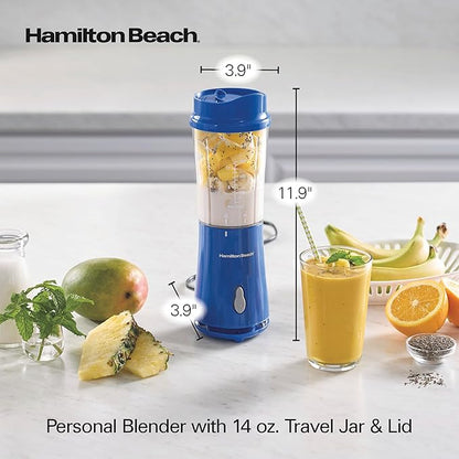 Hamilton Beach Portable Blender for Shakes and Smoothies, 14 Oz BPA Free Travel Cup & Lid, Durable Stainless Steel Blades, Personal Smoothie Blender, Blue, 51132G