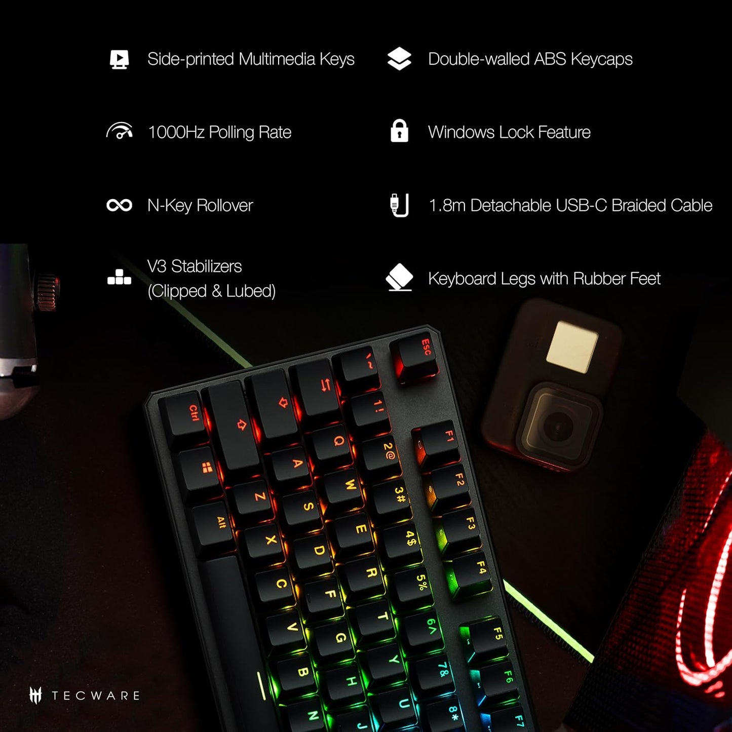 TECWARE Phantom+ 87 Key Mechanical Gaming Keyboard, RGB led, TKL 75% Keyboard, Thocky Sounding, Wraith Red Switch