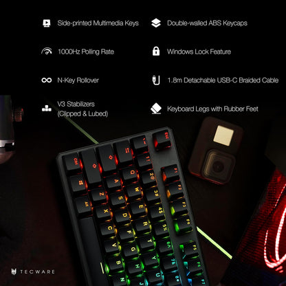 TECWARE Phantom+ 87 Key Mechanical Gaming Keyboard, RGB led, TKL 75% Keyboard, Thocky Sounding, Wraith Red Switch