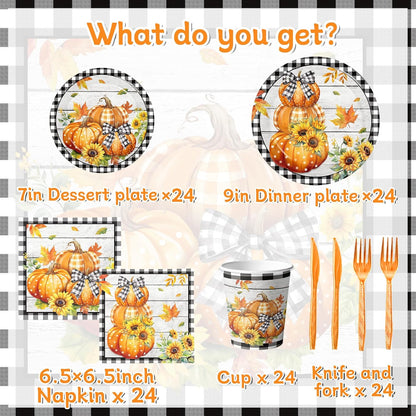 Fall Party Decorations,144Pcs Fall Thanksgiving Tableware Set Includes Plates,Napkins,Knife,Fork Black and White Buffalo Plaid Pumpkin Theme Decorations for Autumn Harvest,Thanksgiving Day