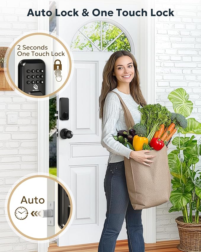 BE-TECH Keyless Entry Smart Door Lock with 2 Knob Handles, Electronic Front Door Locks Set, Digital Keypad Deadbolt, Auto Lock, One Time Codes, Anti Peeping Code, Easy Installation, Black