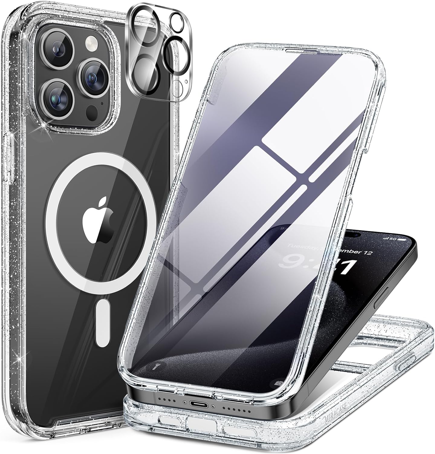 Miracase Magnetic for iPhone 12 Pro Max Case [Compatible with MagSafe] Full-Body Phone case with Built-in Glass Screen Protector& Camera Protector, Military Drop Proof 12 Pro Max Cover, Clear Glitter
