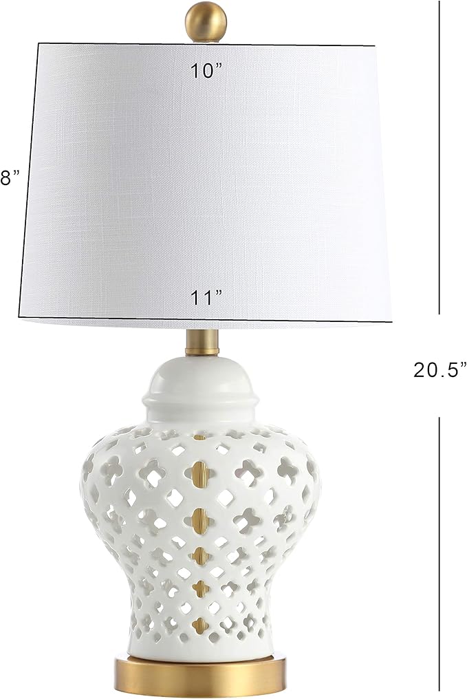JONATHAN Y 20.5" White Pierced Ginger Jar Ceramic LED Table Lamp, Modern Glam Quatrefoil Fretwork for Living Room Bedroom, White Linen Shade, LED Bulb Included JYL6210A