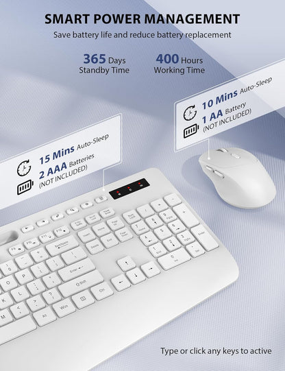 Wireless Keyboard and Mouse Combo - Full-Sized Ergonomic Keyboard with Wrist Rest, Phone Holder, Sleep Mode, Silent 2.4GHz Cordless Keyboard Mouse Combo for Computer, Laptop, PC, Mac, Windows,White