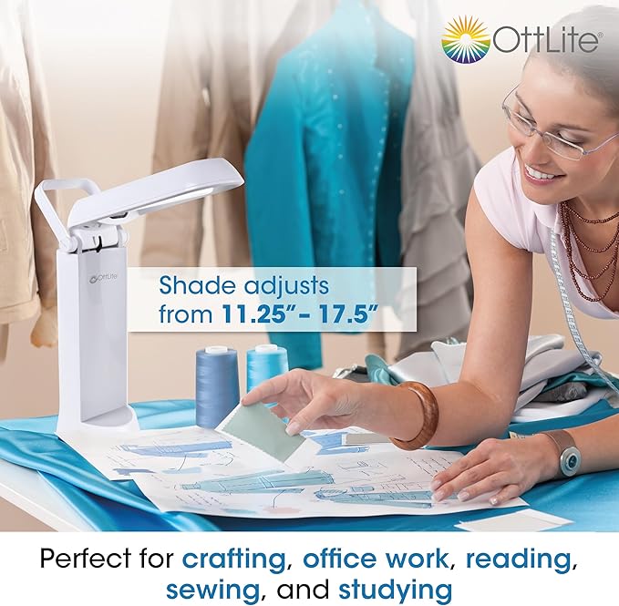 OttLite Folding Task Lamp, White – Multi-Position Shade, Fold-Up Design, Portable Handle, Low Heat & Low Glare Illumination, Fits on Desks & Workstations