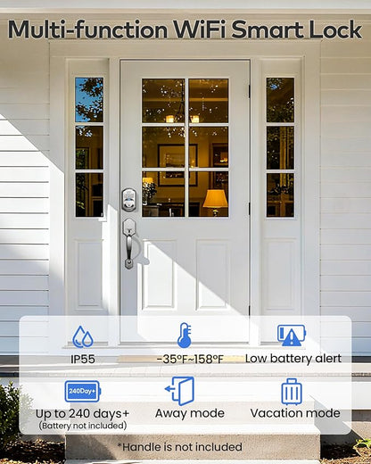 TEEHO TE012W WiFi Smart Lock, Fingerprint Door Lock with Built-in Wi-Fi, Keyless Entry Keypad Smart Deadbolt, App Remote Control, Alexa Compatible, IP55 Waterproof for Front Door – Satin Nickel