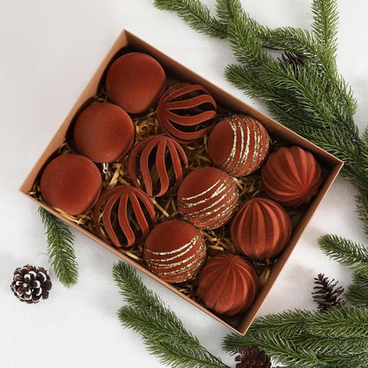 Christmas Ornaments Set of 12, 3.15" Flocked Velvet Balls with Hand Painted Designs, Brown Elegant Christmas Tree Decorations in Gift Box