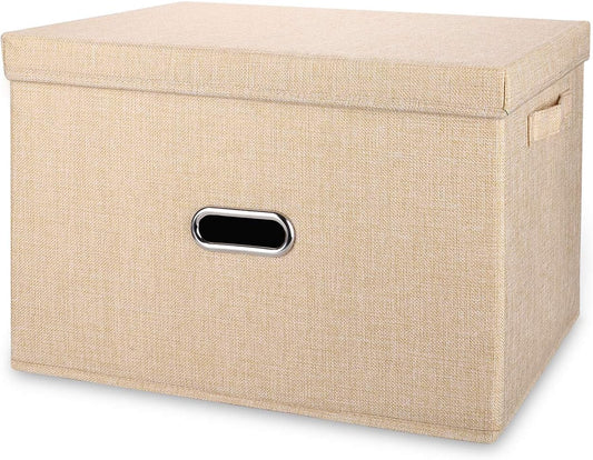 Linen Fabric Collapsible Storage Bins with Removable Lids and Handles, Washable Storage Box Containers Baskets Cube with Cover for Bedroom,Closet,Office,Living Room,Nursery (Khaki, Small)