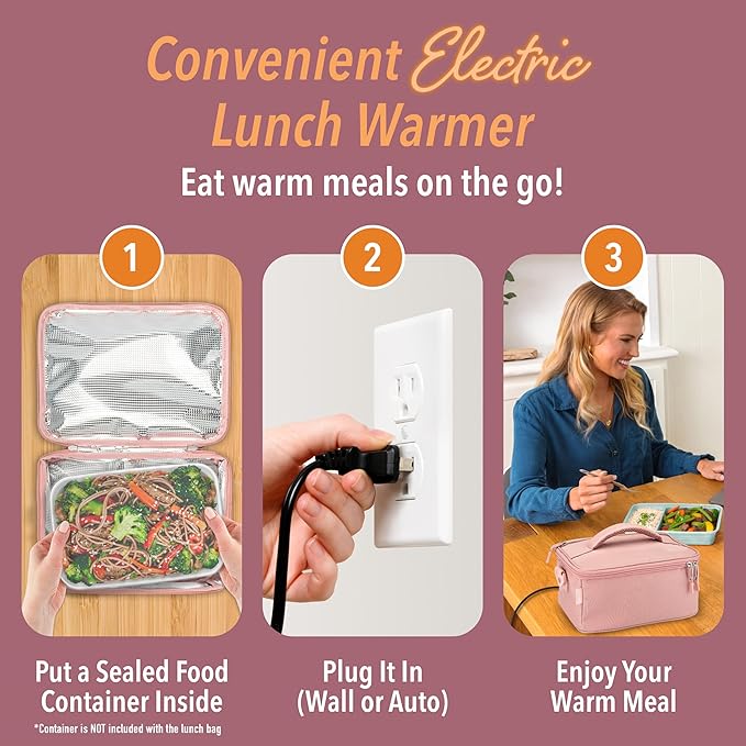 Bentgo Heat - Electric Lunch Bag & Food Warmer for Reheating Meals in Car, at Work & More - Heated Lunch Box Warmer for Adults, Students & Shift Workers, 12V/24V Auto & 120V Wall Cords (Blush)
