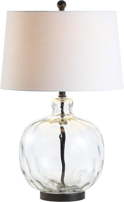 JONATHAN Y 26.5" Clear Glass and Black Metal LED Table Lamp, Transitional Farmhouse Bedside Nightstand Lamp with White Linen Shade, UL Listed, LED Bulb Included JYL1067A