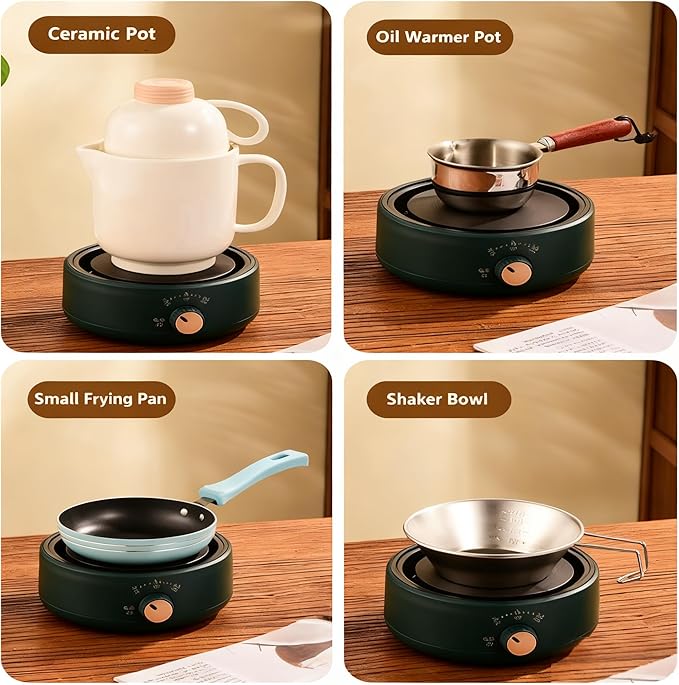 Electric Stove 500W Mini Electric Teapot Heater Stove 4.33in Glass Tea Maker Hot Plates Burner Countertop Stove for Ceramic Glass Kettle (Green)