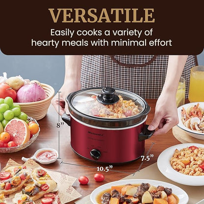 Elite Gourmet MST-275XR Electric Oval Slow Cooker, Adjustable Temp, Entrees, Sauces, Stews & Dips, Dishwasher Safe Glass Lid & Crock (2 Quart, Metallic Red)