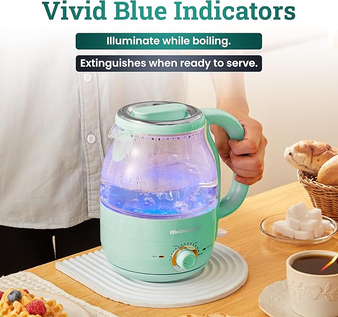 Elite Gourmet 1.2L Electric Glass Kettle, 1200W Fast Boil, Adjustable Temperature Control & Keep Warm, BPA-Free Borosilicate Glass, Auto Shut-Off & Boil-Dry Protection, 360° Cordless Base, Mint