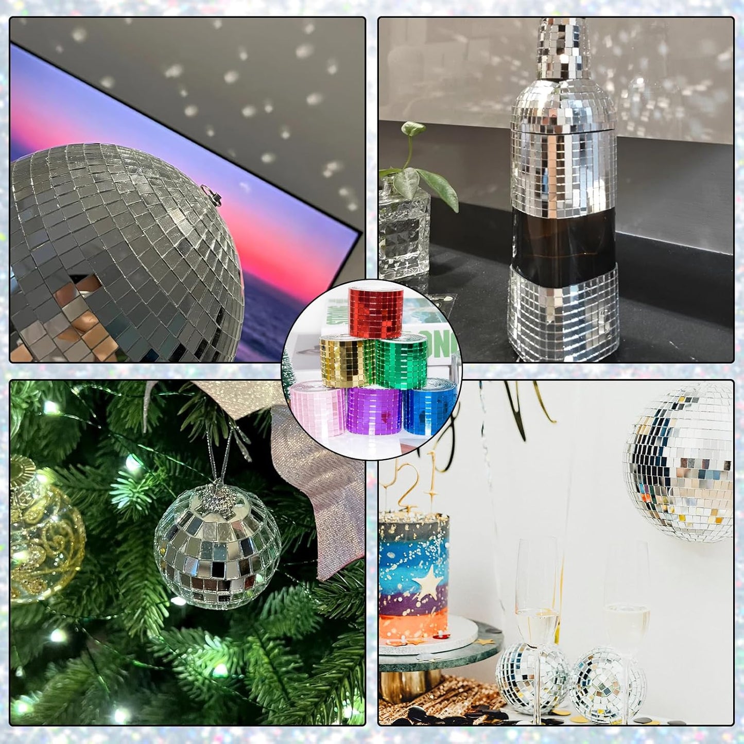 Self Adhesive Mosaic Tiles, 3200 Pieces Disco Ball Tiles, 5 x 5 mm Glass Mirror Mosaic Tiles, Square Mirror Tiles Sticker for DIY Vase, Art Collage, Photo Frames, Home Party 2 Rolls (Black)