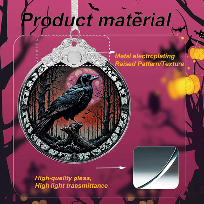 Crow Under Moonlight Halloween Christmas Tree Stained Glass Ornament - Hanging Ornaments for Christmas Tree Decorations - Holiday Keepsake Present Exchange Idea