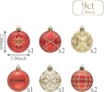 Valery Madelyn Ornaments for Christmas Trees, 9ct 2.36 Inches Red and Gold Shatterproof Christmas Tree Decorations, Luxury Hanging Ball Ornaments for Xmas Holiday Party Decor