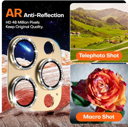 Camera Lens Protector for iPhone 16 Pro Max/16 Pro/iPhone 15 Pro Max/15 Pro/iPhone 14 Pro Max/14 Pro, Aluminum Alloy Sapphire Glass Camera Screen Cover, Case Friendly- Gold Diamond